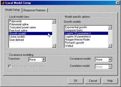 Local Model Setup dialog with two lists: Local model class options on the left (Polynomial, Splines, Growth models, etc.) and Growth model options on the right (Exponential, Logistic, Gompertz, etc.). Bottom section includes covariance modelling settings. Buttons: OK, Cancel, Help.