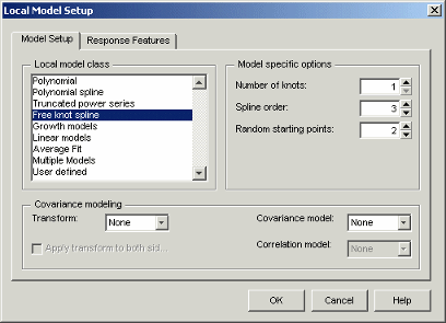 Local Model Setup dialog with Local model class options on the left, ‘Free knot spline’ selected. Right panel shows model-specific options: Number of knots (1), Spline order (3), Random starting points (2). Bottom section includes covariance modeling settings. Buttons: OK, Cancel, Help.