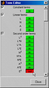 Term Editor window showing constant, linear, and second-order terms with status indicators: most marked ‘in’ in green, one marked ‘out’ in red.