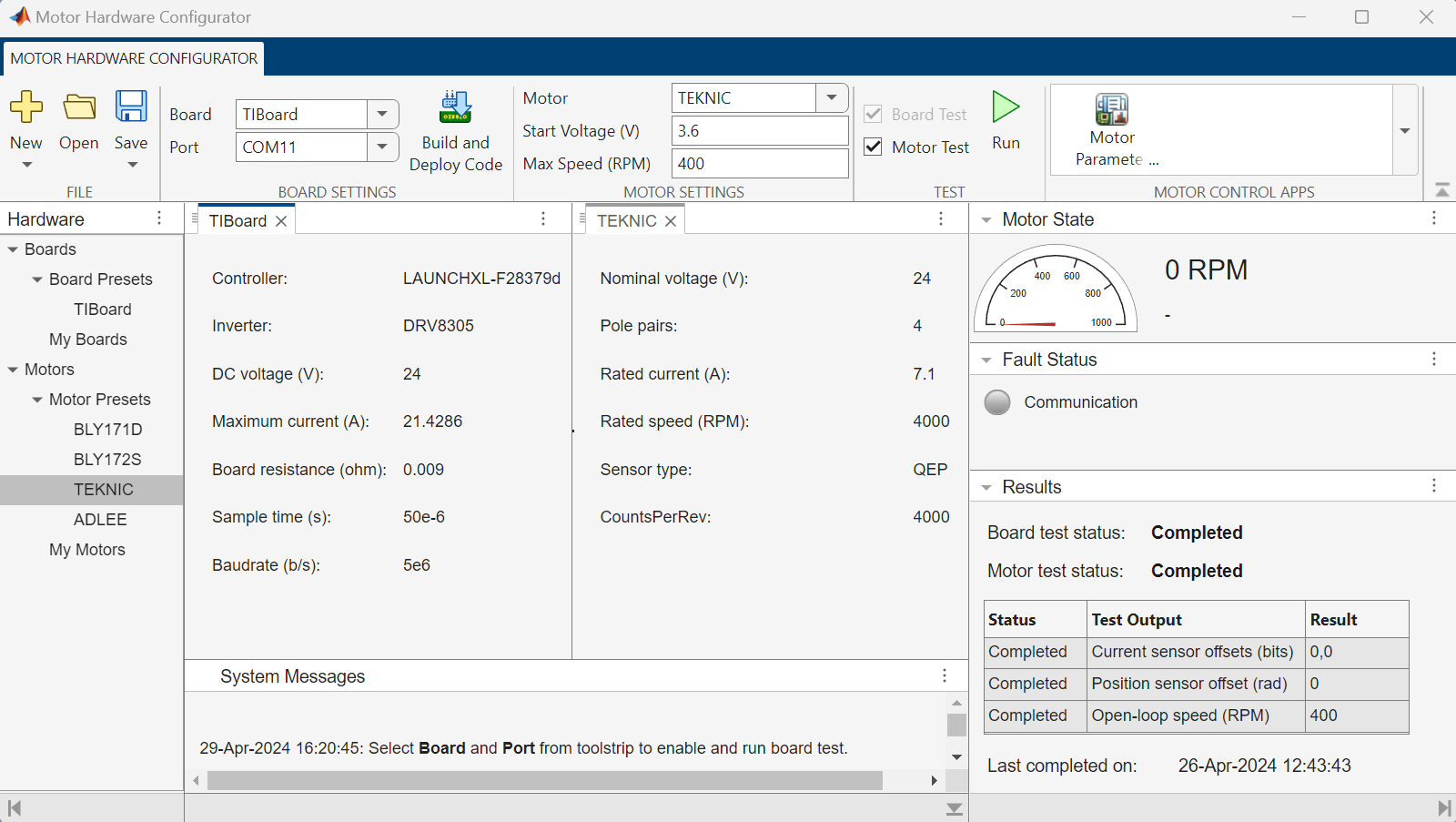 View of the Motor Hardware Configurator app. The app toolstrip is at the top. The Hardware panel is on the left. The documents section (displaying the board and motor details) is in the middle. The Motor State, Fault Status, and Results panel is on the right.