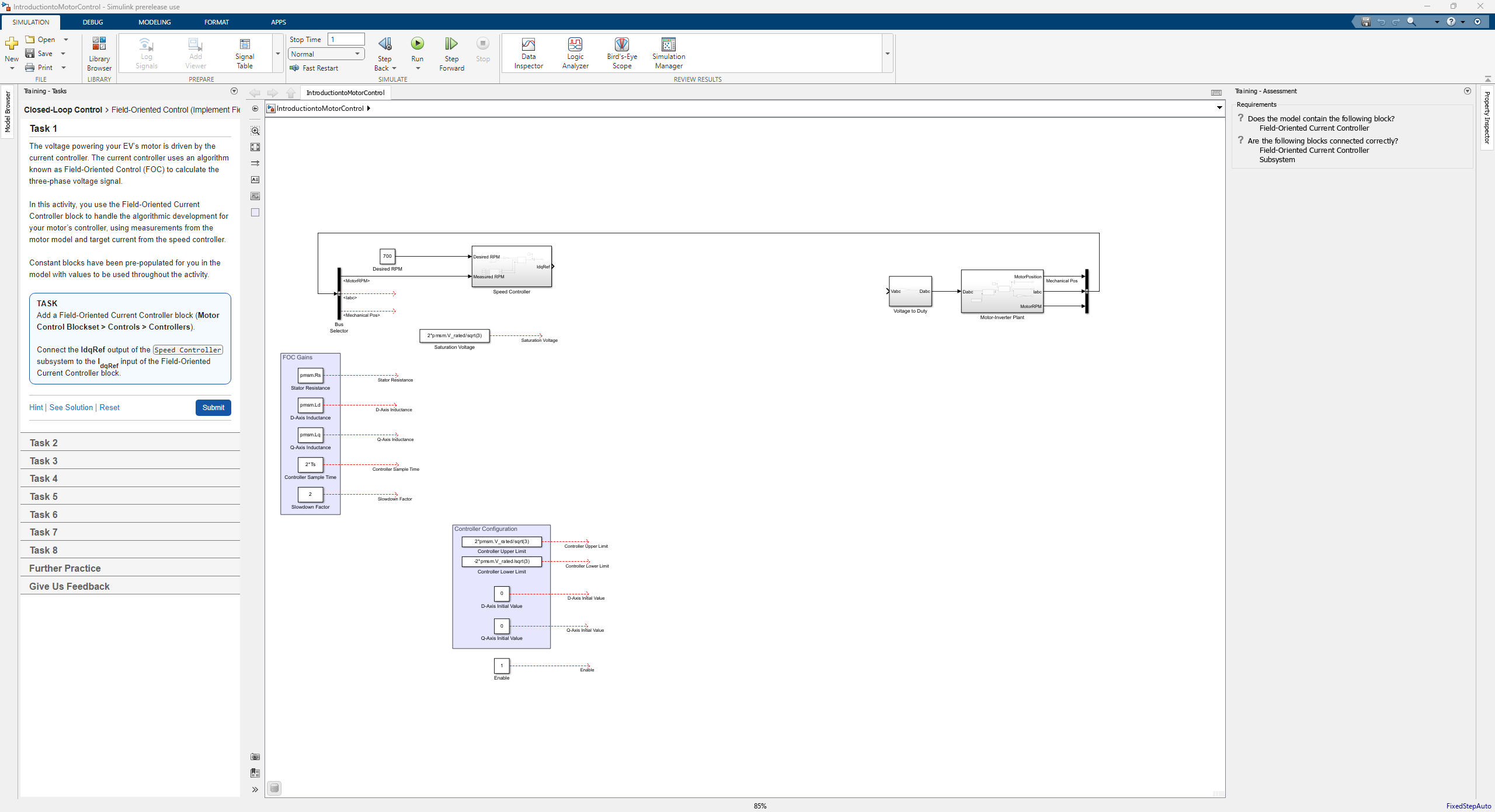 Introduction to Motor Control describes the task, displays an interactive model, and assesses whether the model matches the requirements set by the training.