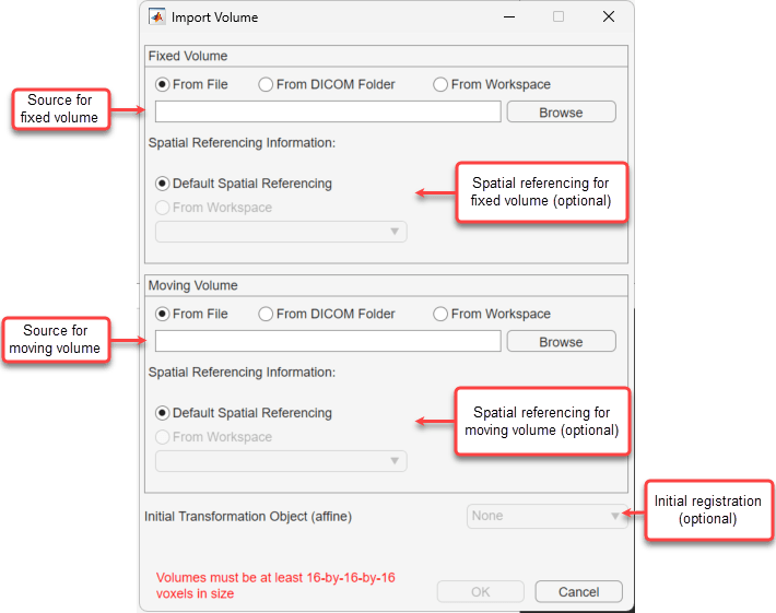 Import Volume dialog box, showing options for importing the fixed and moving volumes, spatial referencing information, and an initial transformation object