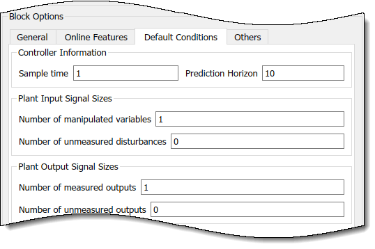 Default Conditions tab of the MPC Controller Block Parameters dialog box.