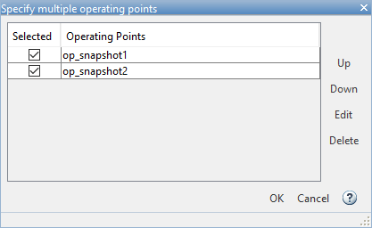 Specify multiple operating point dialog box, selecting two snapshots.
