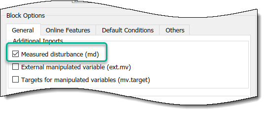 Section of the Block Parameters dialog box for the MPC Controller, highlighting the Measured disturbance check box.