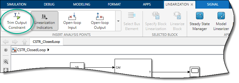 Simulink model of the closed loop showing the CA output signal highlighted.