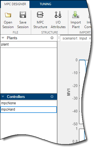 Upper right part of the MPC Designer window, showing the controller section, with the two controllers "mpcNone" and "mpcHard".