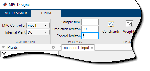 MPC Designer window top left section, showing the horizon section of the tuning tab, with Sample time, Prediction, and Control horizon settings.