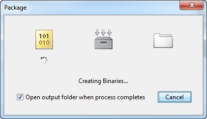 Package window that says Creating Binaries. The option labeled Open output folder when process completes is checked.
