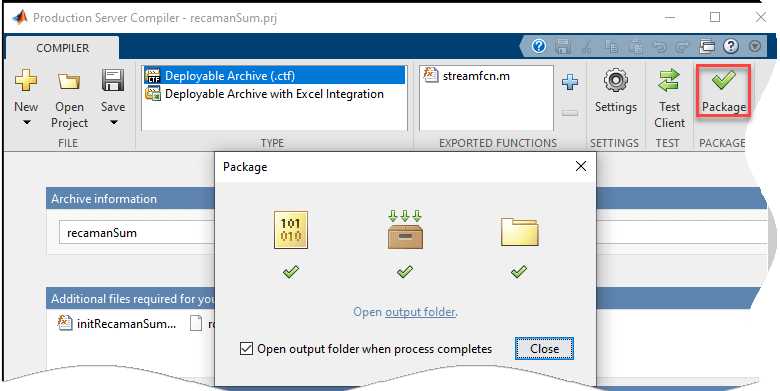 Package dialog box with option to open output folder selected