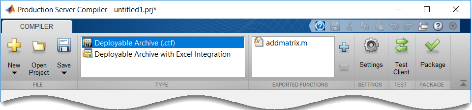 Production Server Compiler with Deployable Archive (.ctf) type selected and addmatrix.m in the exported functions section