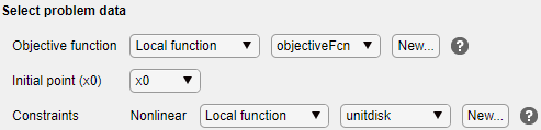 Problem data: objective, initial point, nonlinear constraint