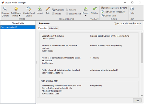 The Cluster Profile Manager, showing the Create, Manage Profile, Validate, Cloud, and Help sections at the top, and details of the cluster profiles below.