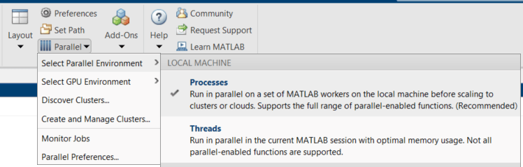 Selection of the Processes local cluster profile from the MATLAB menu.