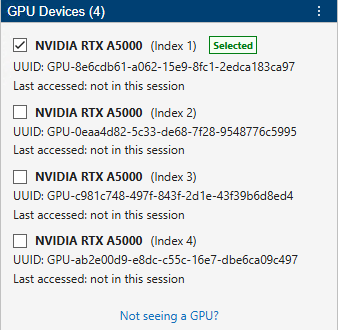 The GPU Devices panel, showing four GPU devices with tick boxes for selecting the devices to monitor.