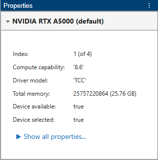The Properties panel showing the device index, compute capability, driver model, and total memory of the GPU.