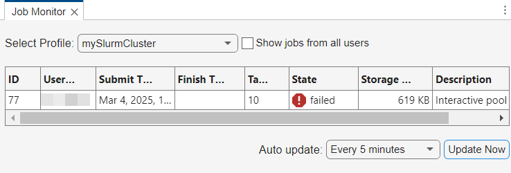 The job monitor shows job with user ID 77, state shown as "failed", and the description is "interactive pool".