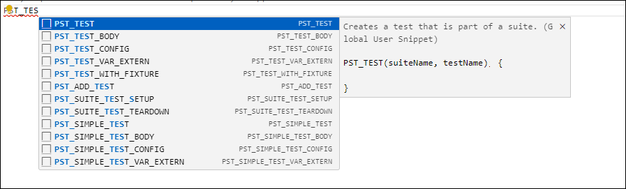 Autocomplete suggestions containing PST and TEST