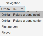 Camera navigation control menu of Orbital or First person.