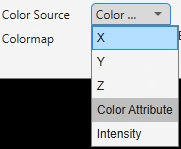 Color source options as Z, Y, X, Intensity, Range, Azimuth, Elevation, Row, Column, and Custom