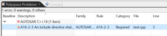 Polyspace Porblems pane with A16-2-3 filter enabled