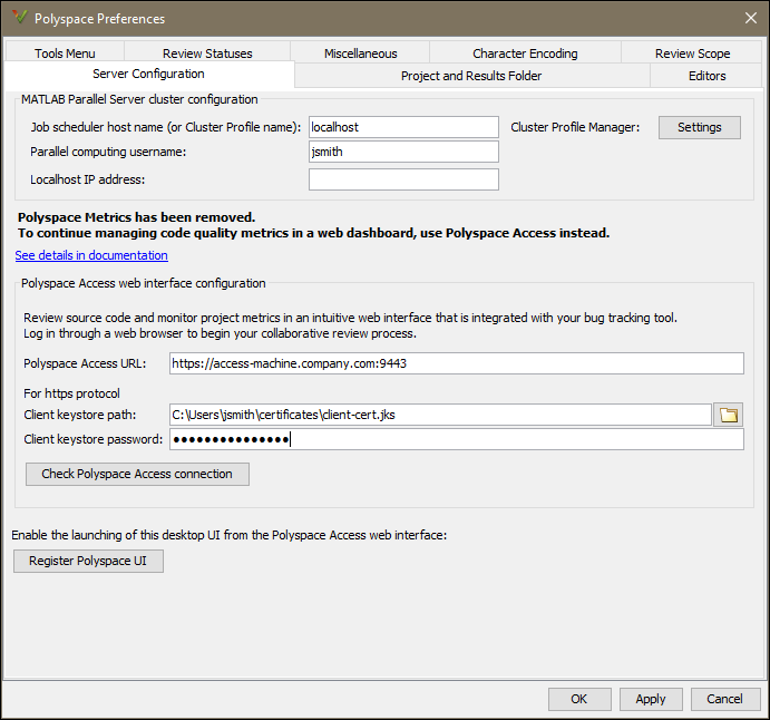 Polyspace Preferences window in Polyspace desktop user interface
