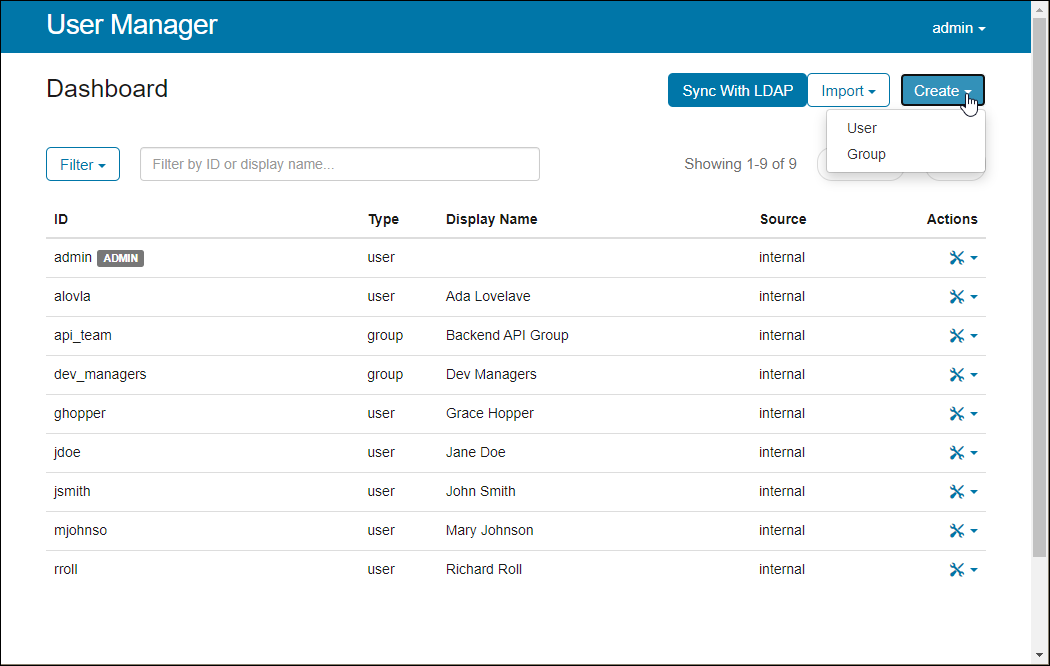 User Manager interface