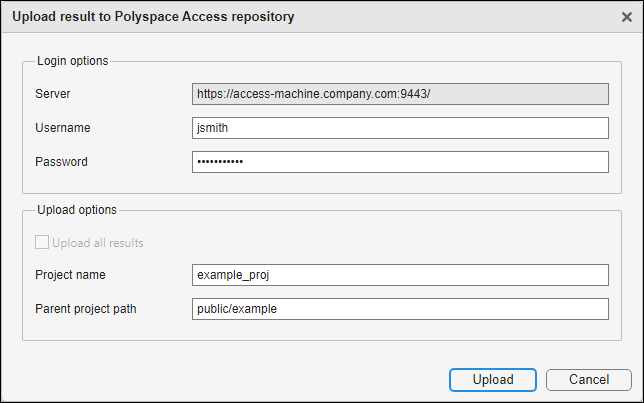 Upload result to Polyspace Access repository window with all fields filled.