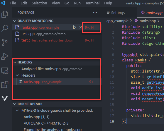 Polyspace as You Code Headers view in VSCode