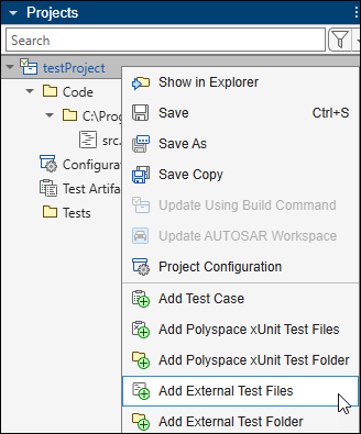 Right-clicking root node of project shows the option Add External Test Files.