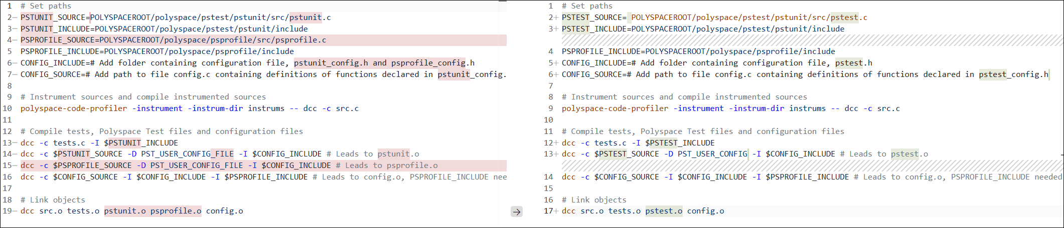 Target profiling script diff showing PSTUNIT and PSPROFILE sources consolidated into single PSTEST source with PST_USER_CONFIG flag