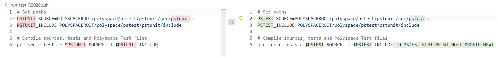 Host build script diff showing PSTUNIT paths replaced by PSTEST paths with PSTEST_RUNTIME_WITHOUT_PROFILING compile flag added