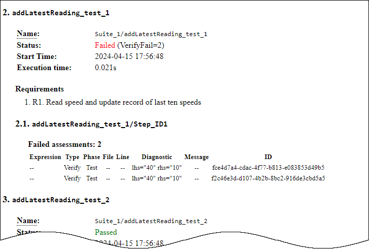 The test addLatestReading_test_1 shows two failed assessments only.