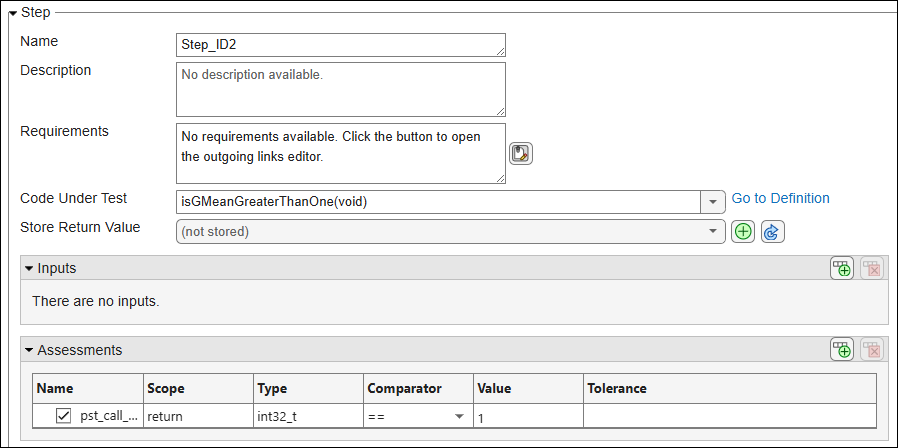 Test case with two steps. Second step performs assessment on global variables.