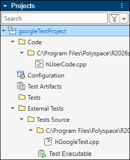 Typical Polyspace project with external tests