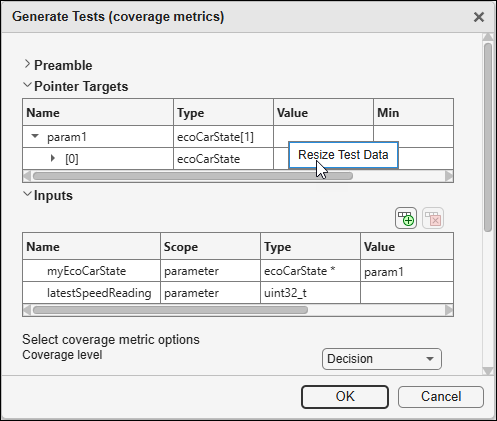 Pointer inputs by default point to a one-element pointer target. You can resize the target by right-clicking the input and selecting Resize Test Data.