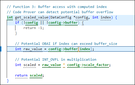 Source code view showing the get_scaled_value function with the expression config->buffer[index] highlighted as an orange Illegally dereferenced pointer check.