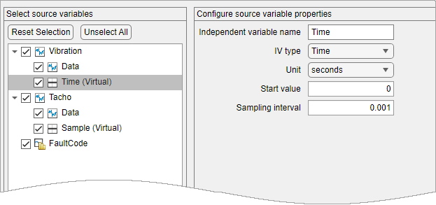 The source variables are on the left. The top signal is Vibration, which has Time (Virtual) as the second variable. The middle signal is Tacho, which has Sample (Virtual) as the second variable. The Configure source variable properties pane on the right shows, from top to bottom, the name as Time, the IV type as Time, the unit as seconds, and the sampling interval as 0.001