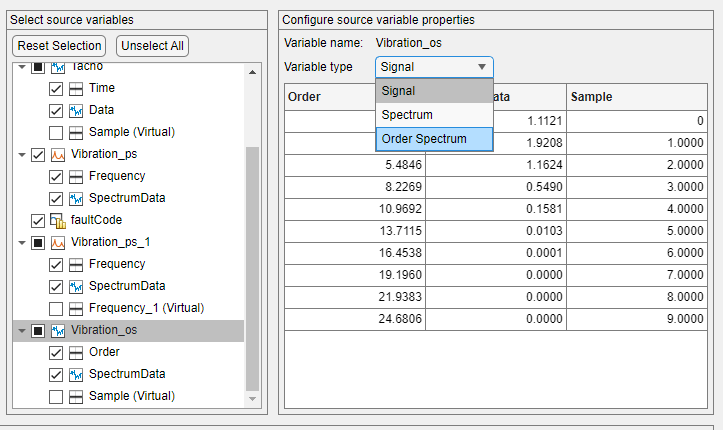 The variable Vibration_os is selected in the variable list on the left. The variable type Order Spectrum is highlighted in the menu on the right.