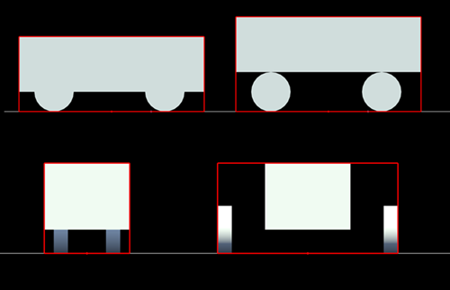 Four placeholder vehicles displaying bounding box width and height extended to include wheels.