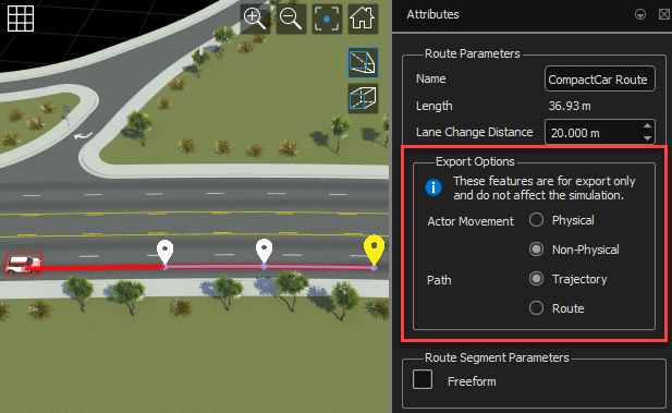 A path segment with Export Options in the Attributes pane