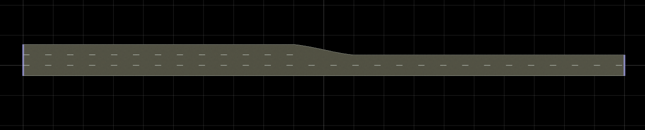 A three-lane road in a RoadRunner scene, in which the leftmost lane merges into the center lane, converging into a two-lane road.