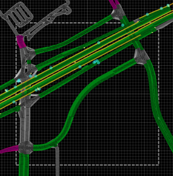 RoadRunner HD Map preview of imported road network, with roads displayed in green, purple, and gray, and objects displayed as blue points