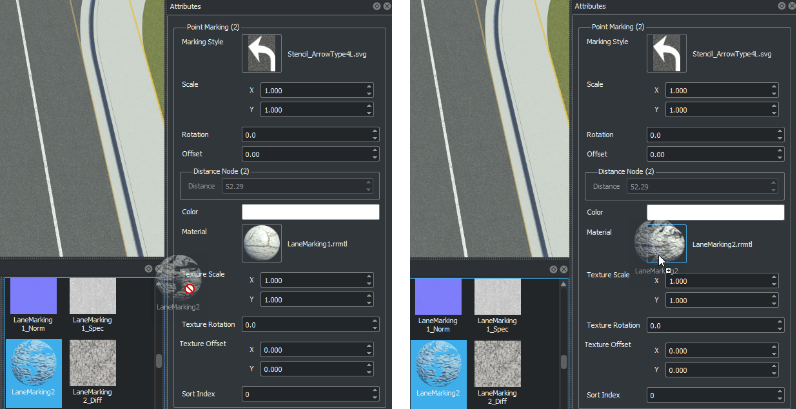 Lane marking texture dragged from Library Browser to the Attributes pane for the selected arrows