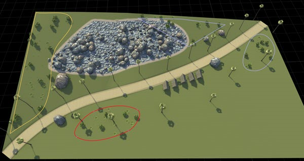 Scene with two polygons outlined in light purple, one polygon outlined in red, and one polygon outlined in yellow.