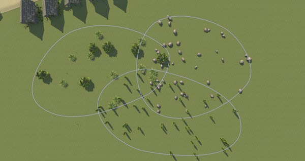 Close-up of scene with three overlapping prop polygons outlined in light purple. None are selected.