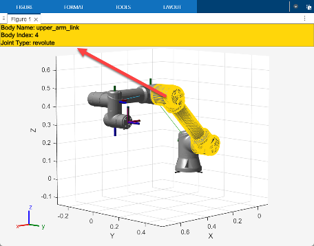 Body details banner enabled by clicking on the upper arm link of the robot. The banner contains the body name, body index, and revolute.