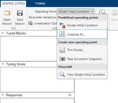 Control System Tuner app showing Operating Point menu with options for using predefine operating points such as model initial condition, and creating new operating points by trimming or snapshot