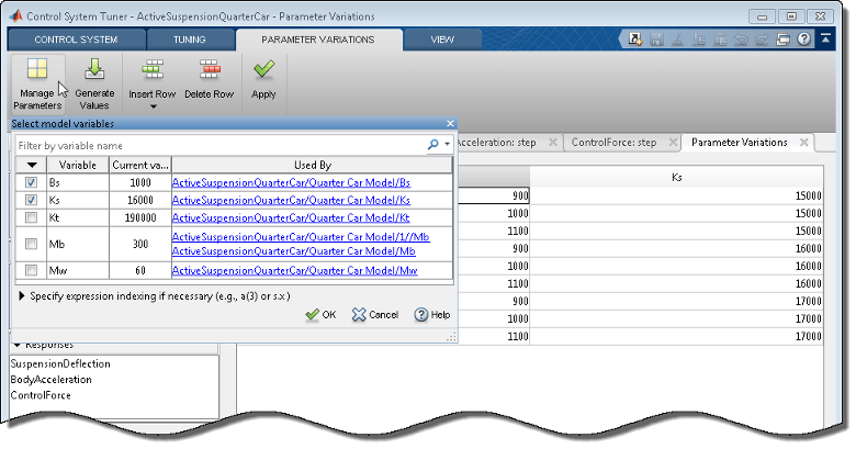 Control System Tuner app showing dialog box for selecting model parameters to vary