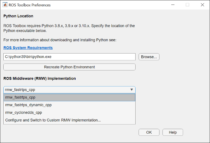 Default view of ROS Toolbox Preferences dialog box. Browse to navigate to the parent directory of python executable. Click Recreate Python Environment.